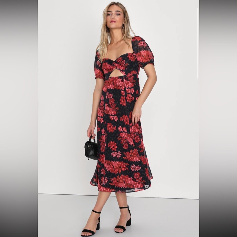 Lulu’s Truly Charming Black and Red Floral Puff Sleeve Cutout Midi Dress